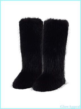 Faux Fur Knee-High Winter Boots Round Toe Fluffy Fuzzy Snow Boots
